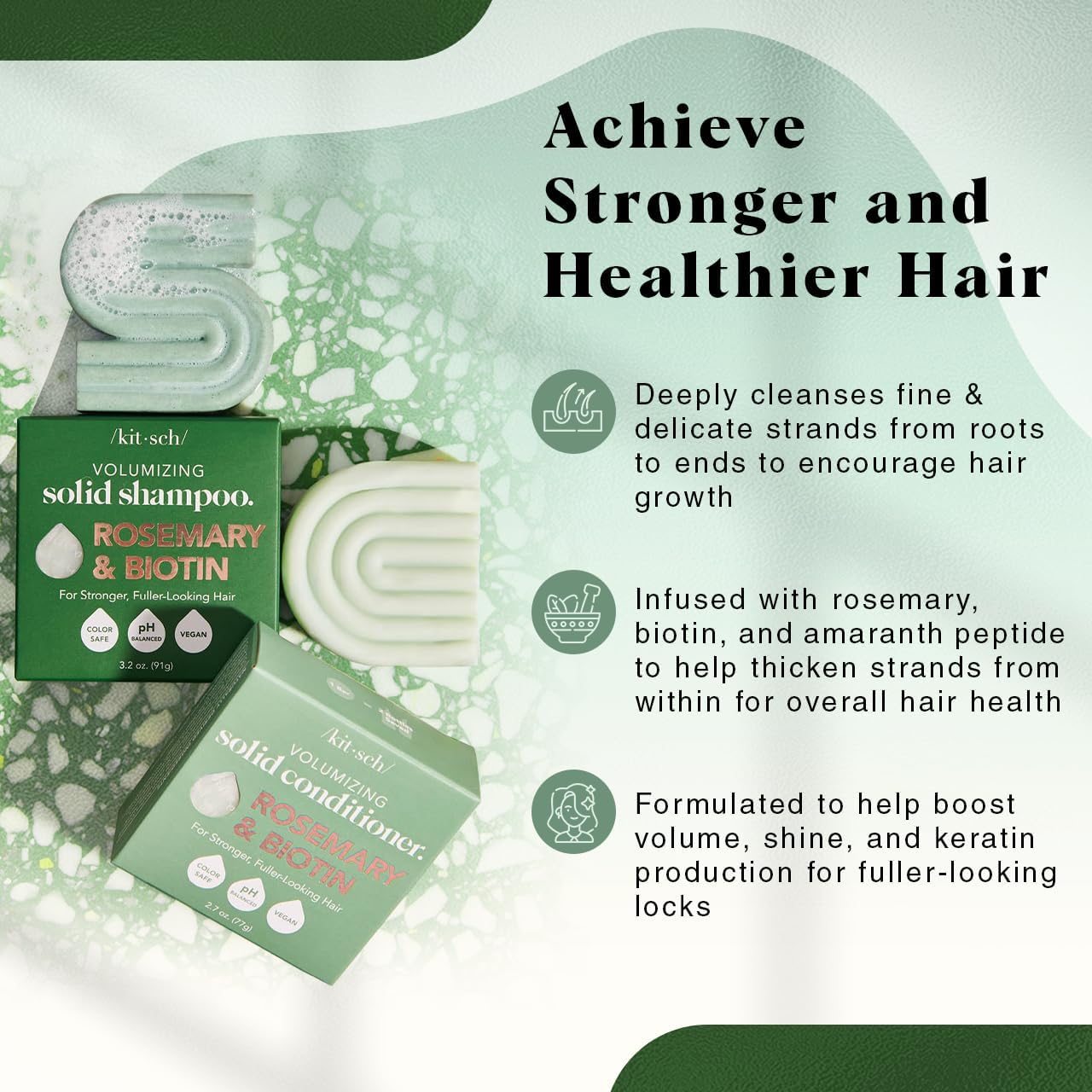 Kitsch Rosemary and Biotin thickening hair care bars being lathered up with water.