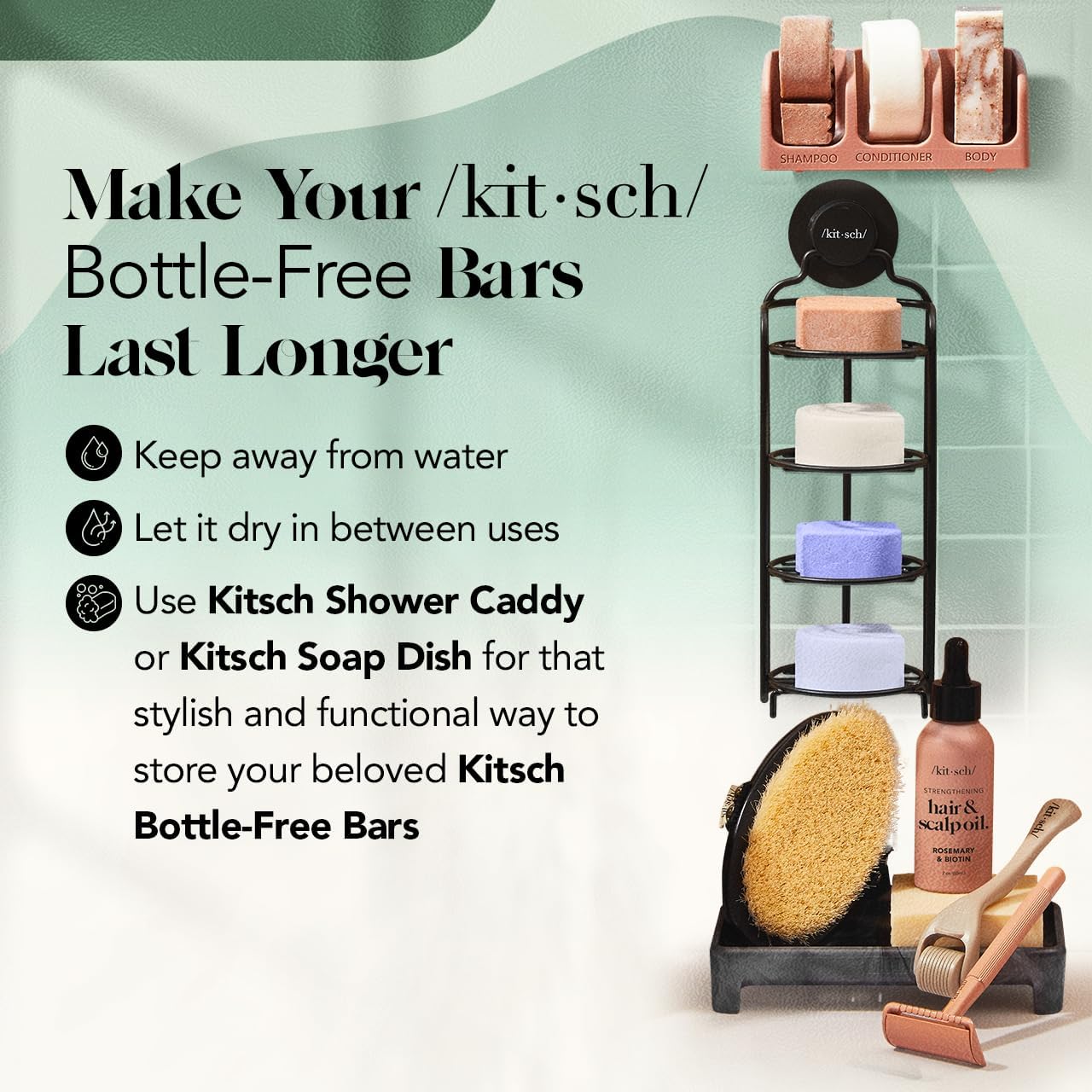 Kitsch Rosemary and Biotin duo pack alongside natural botanical ingredients representing hair strand thickening.