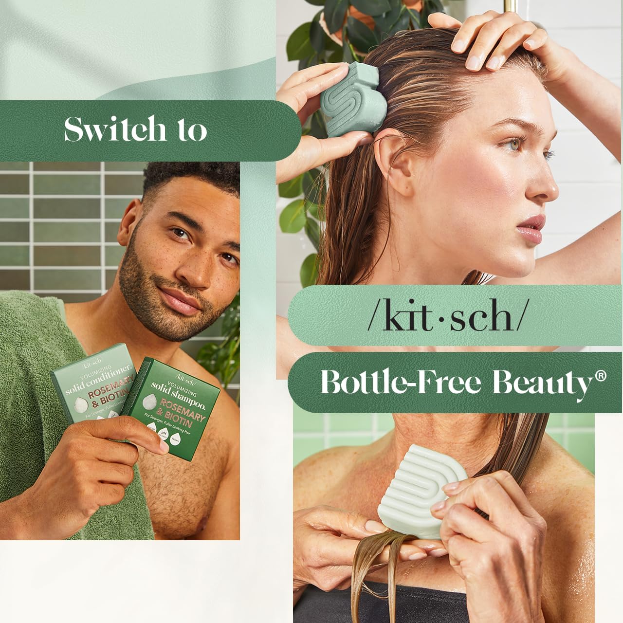 Kitsch shampoo and conditioner bars for thinning hair demonstrating water resistant compact travel setup.