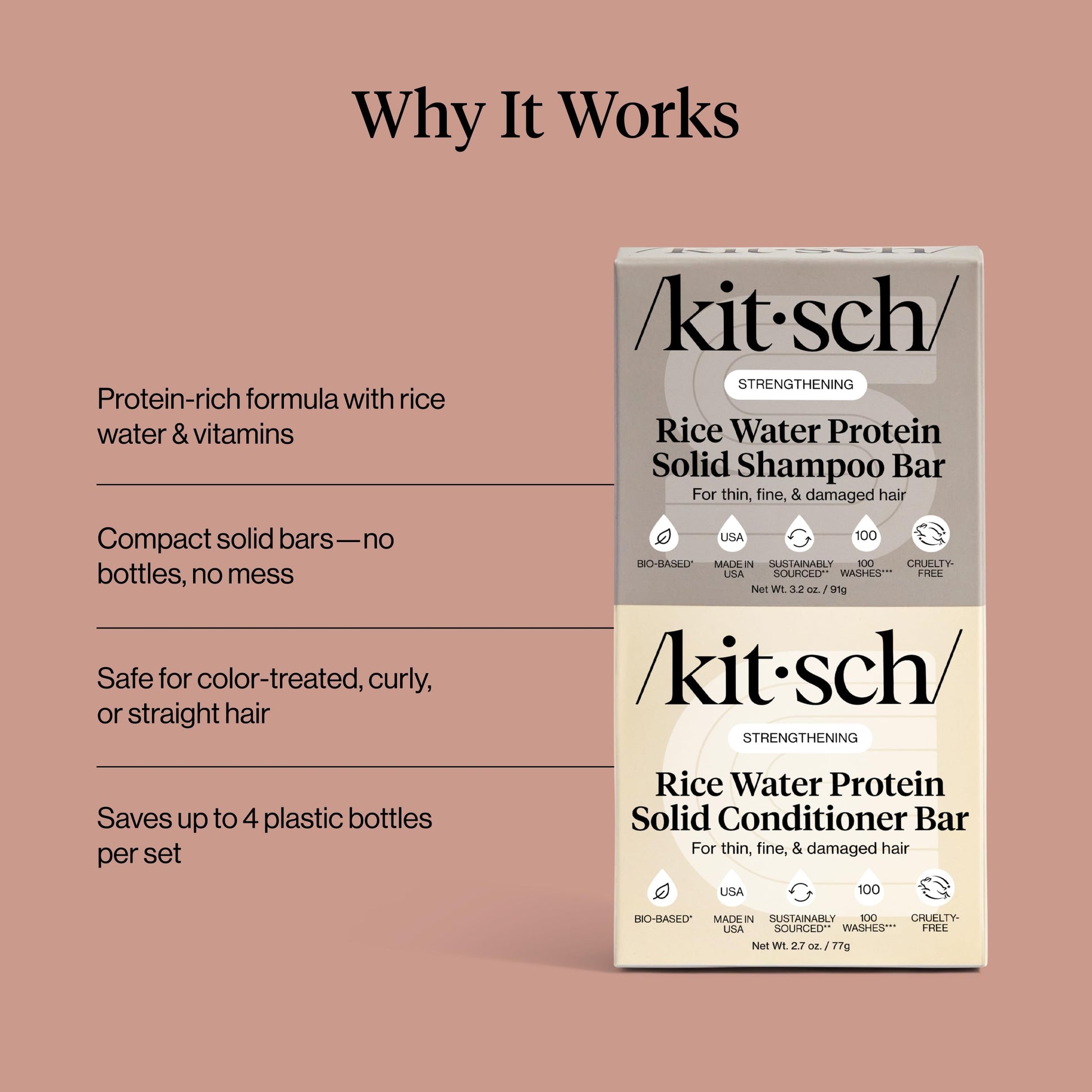 Kitsch protein shampoo and conditioner bars side by side for hair fall control