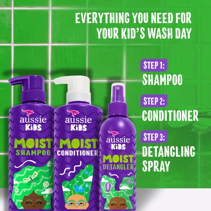 Back label view of Aussie Kids three piece hair routine detailing ingredients and usage instructions