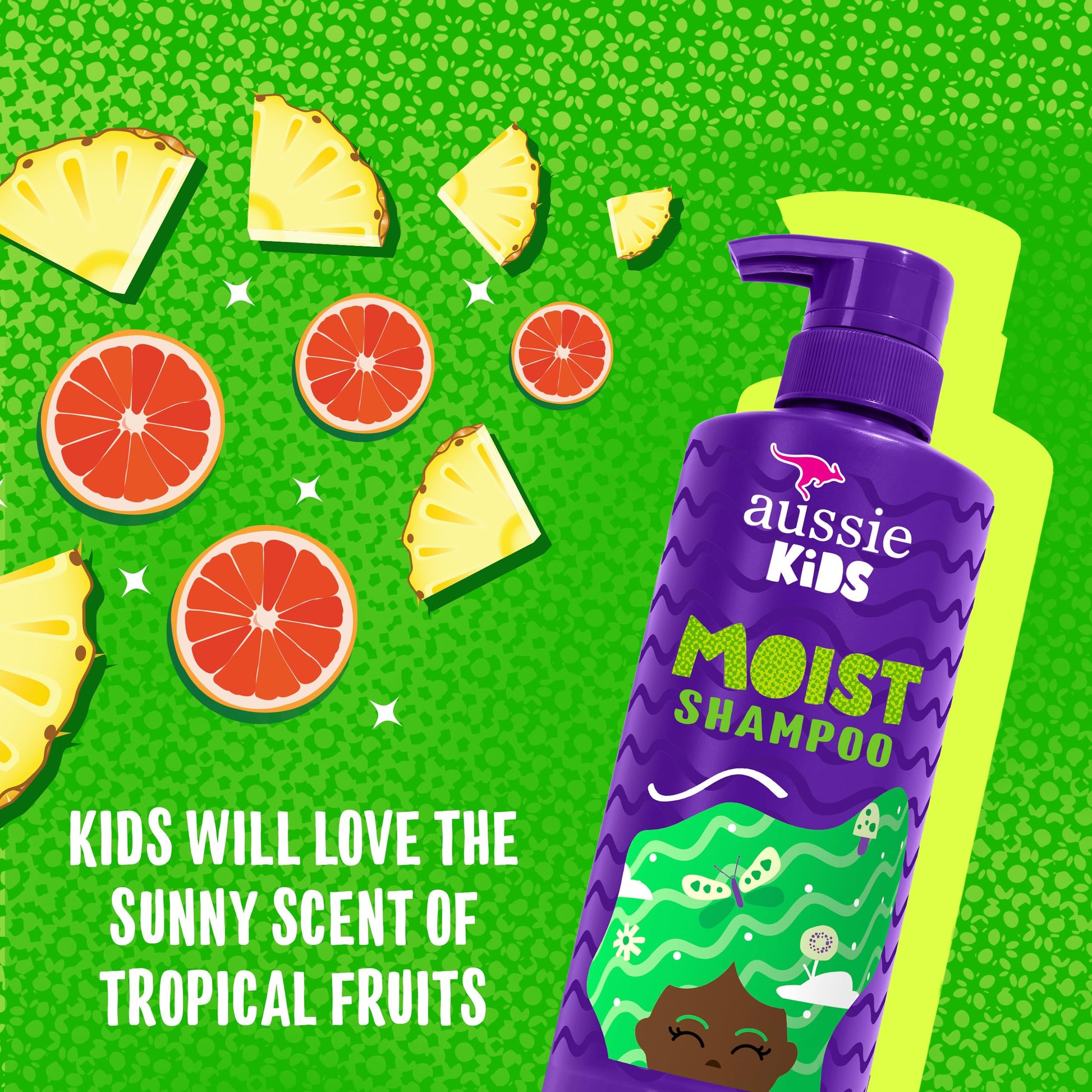Aussie Kids hair care set packaging displaying PETA certified cruelty-free and dye-free seals
