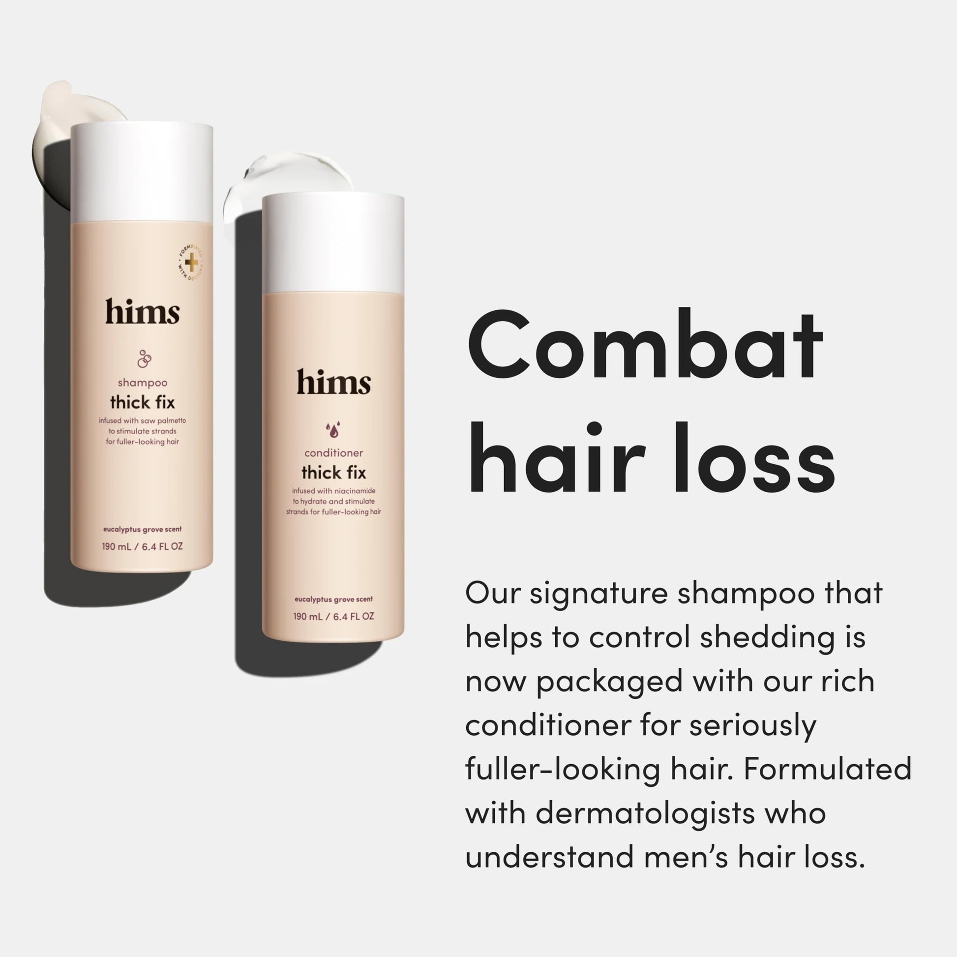 Hims Thick Fix hair care set detailing the saw palmetto and niacinamide ingredients on packaging