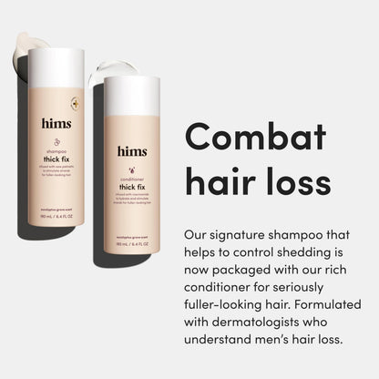 Hims Thick Fix hair care set detailing the saw palmetto and niacinamide ingredients on packaging