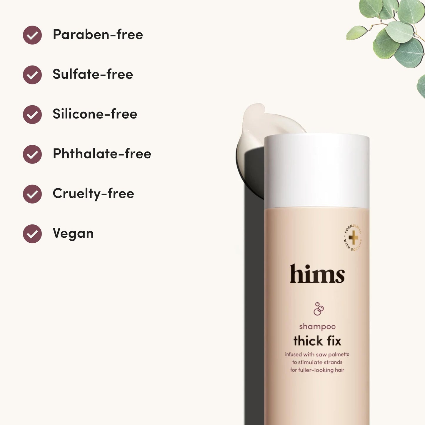 Close up view of the sulfate free and paraben free labels on Hims Thick Fix set
