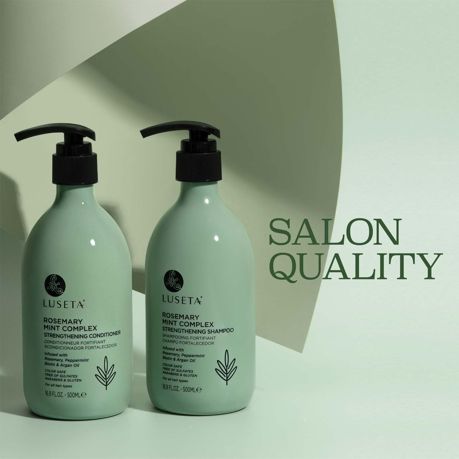 Authentic Luseta Rosemary Mint Complex hair care set with pump dispensers.
