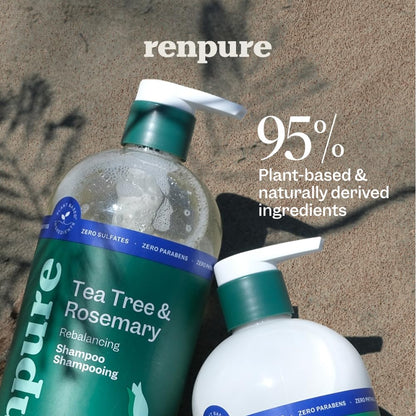 Close up of the pump dispensers on the twenty four fluid ounce renpure shampoo and conditioner bottles