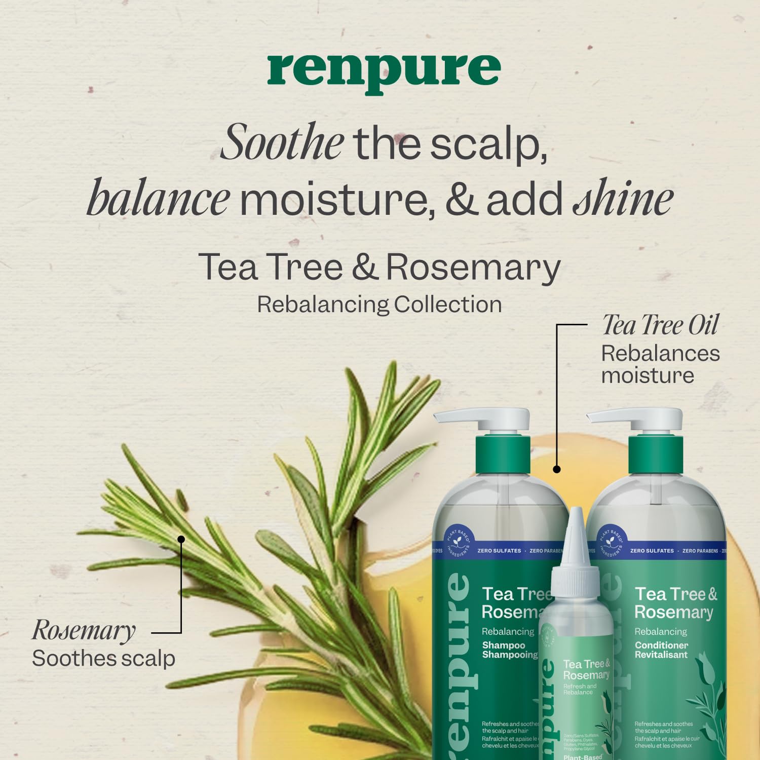 Renpure plant based tea tree leaf oil and rosemary extract hair set for oily scalp care