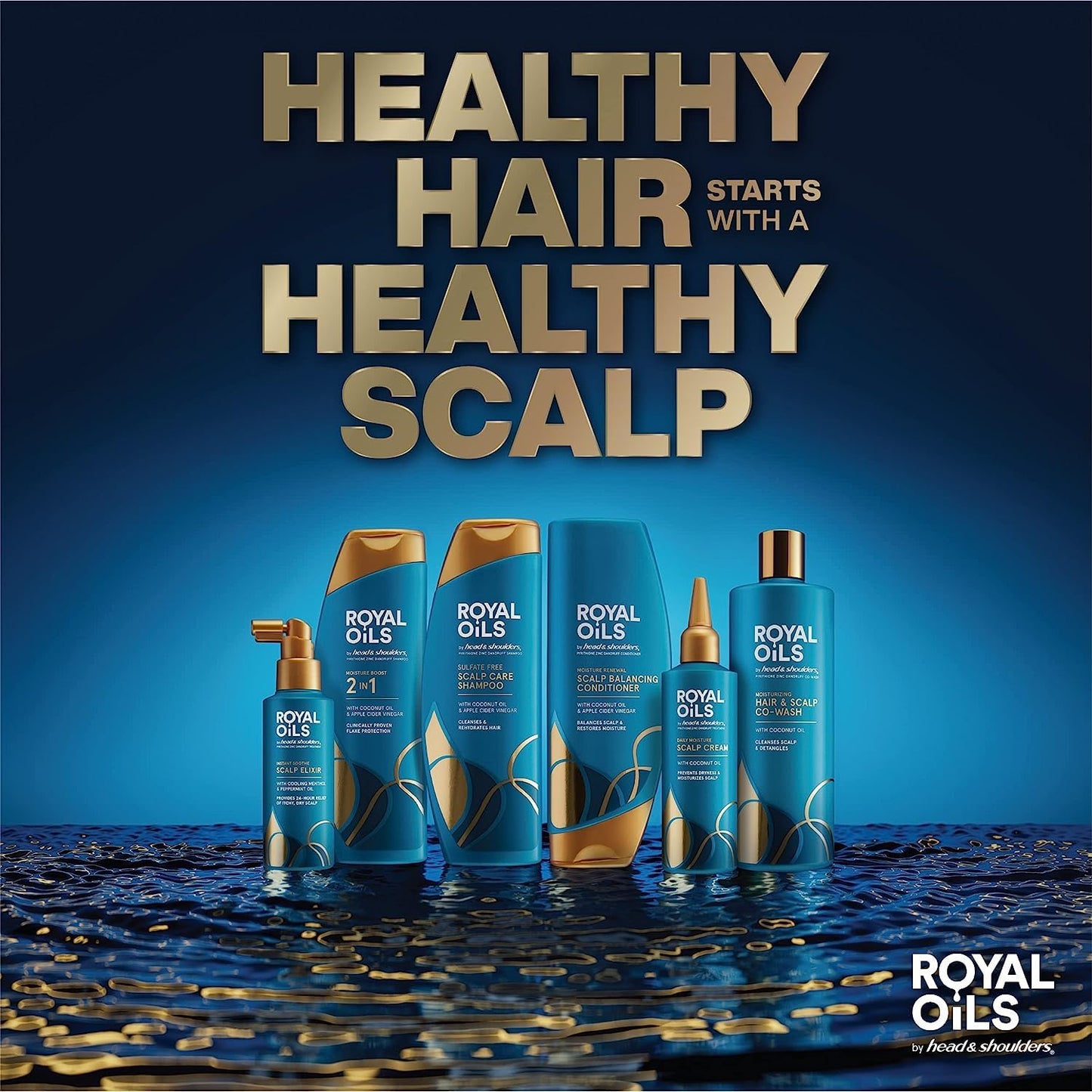 Back labels of the Royal Oils shampoo and conditioner set displaying the official usage instructions and ingredient listings.