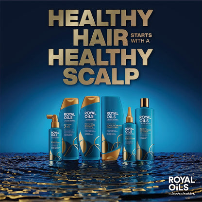 Back labels of the Royal Oils shampoo and conditioner set displaying the official usage instructions and ingredient listings.