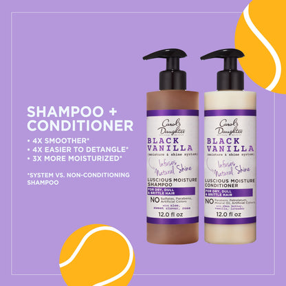 Sulfate-free Black Vanilla shampoo bottle highlighting the natural aloe and sweet clover ingredients for hydration.