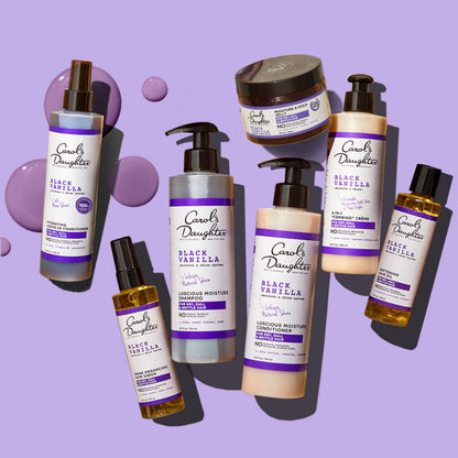 Close-up of the Black Vanilla hair care bottles showing consistency and authentic brand packaging details.