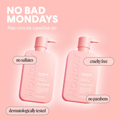 Monday Haircare Repair sulfate free shampoo and conditioner set on clean background