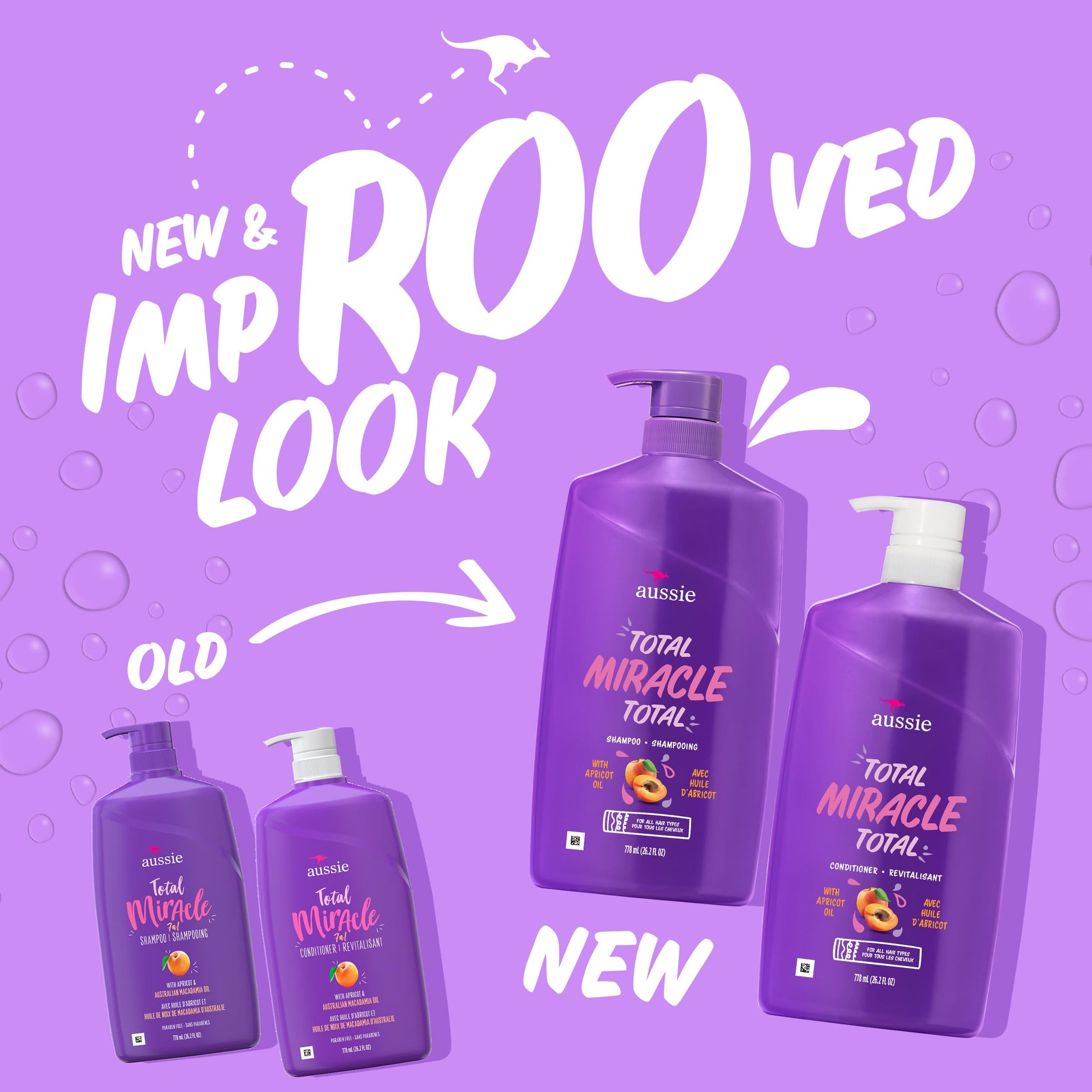 Aussie Total Miracle Shampoo and Conditioner bottles showing product details and apricot oil ingredients