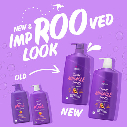 Aussie Total Miracle Shampoo and Conditioner bottles showing product details and apricot oil ingredients