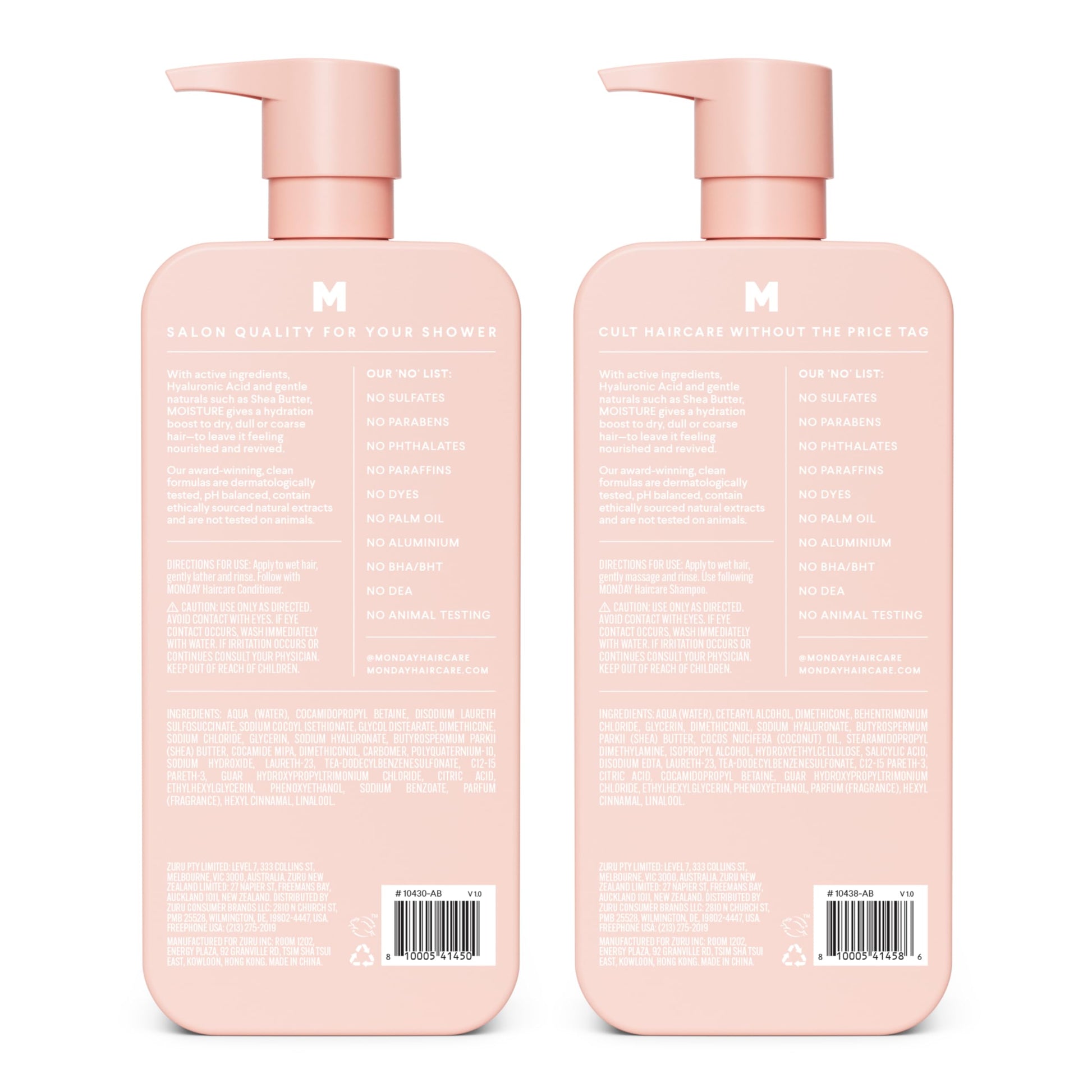 Close up of the pump dispensers on the Monday Haircare twenty seven ounce moisturizing set.
