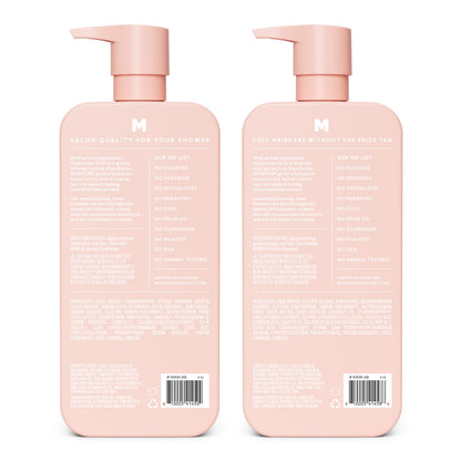 Close up of the pump dispensers on the Monday Haircare twenty seven ounce moisturizing set.