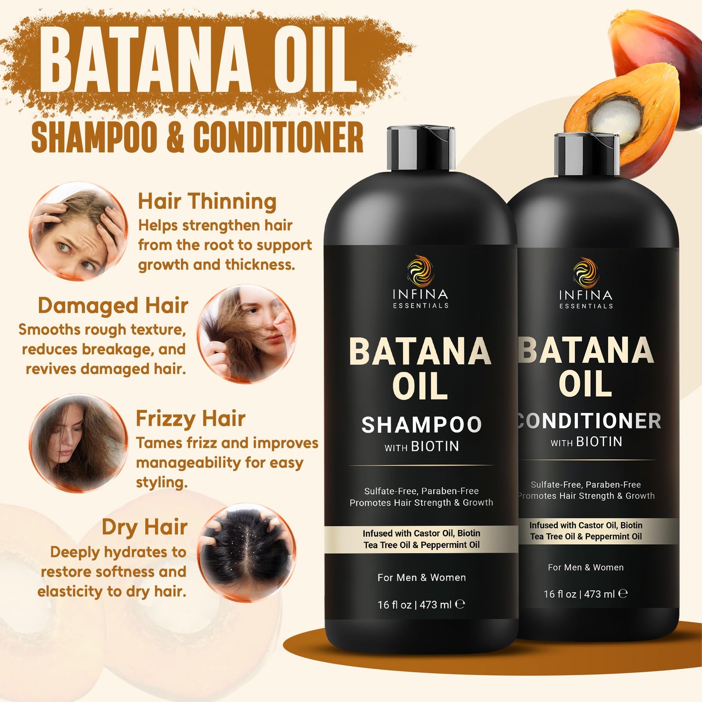 Infina Essentials hair strengthening duo featuring Batana oil, biotin, and tea tree oil ingredients