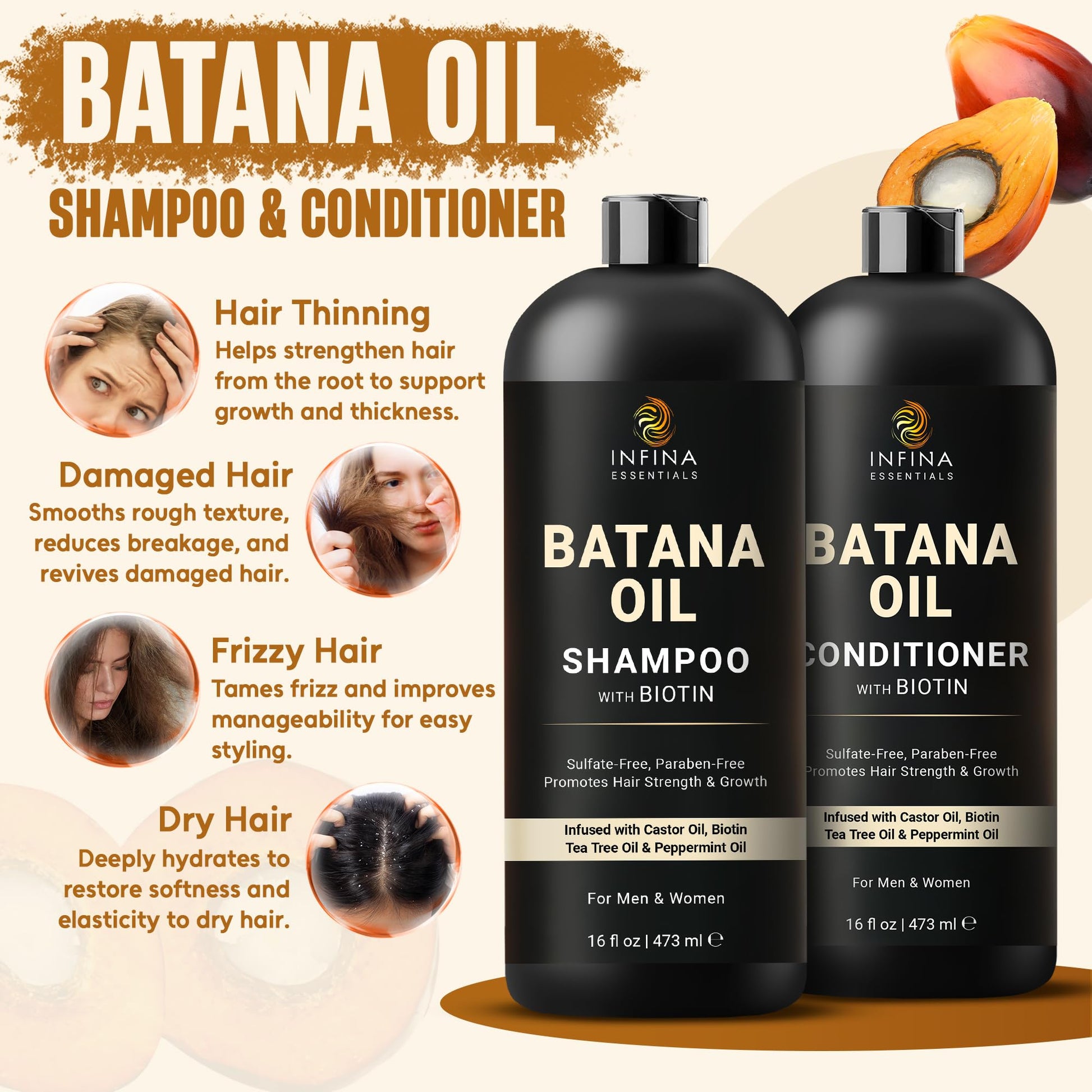 Infina Essentials hair strengthening duo featuring Batana oil, biotin, and tea tree oil ingredients