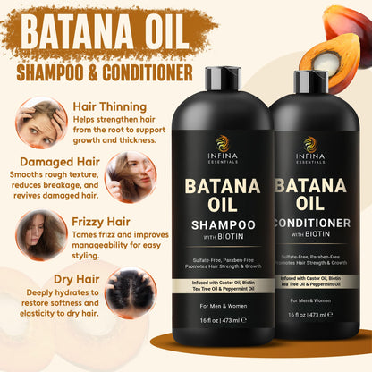 Infina Essentials hair strengthening duo featuring Batana oil, biotin, and tea tree oil ingredients
