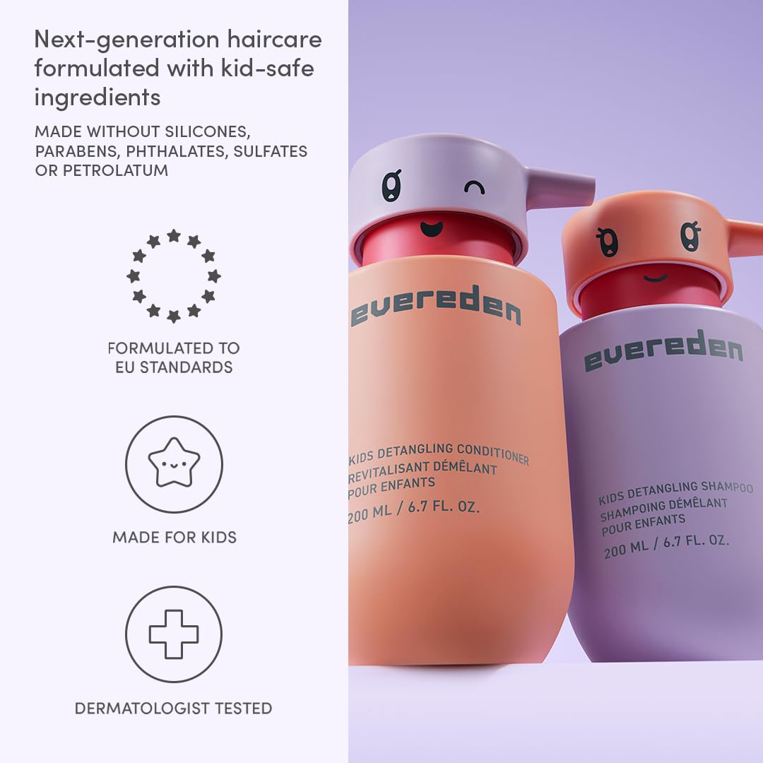 Evereden children hair care products displayed together on a clean bathroom shelf.