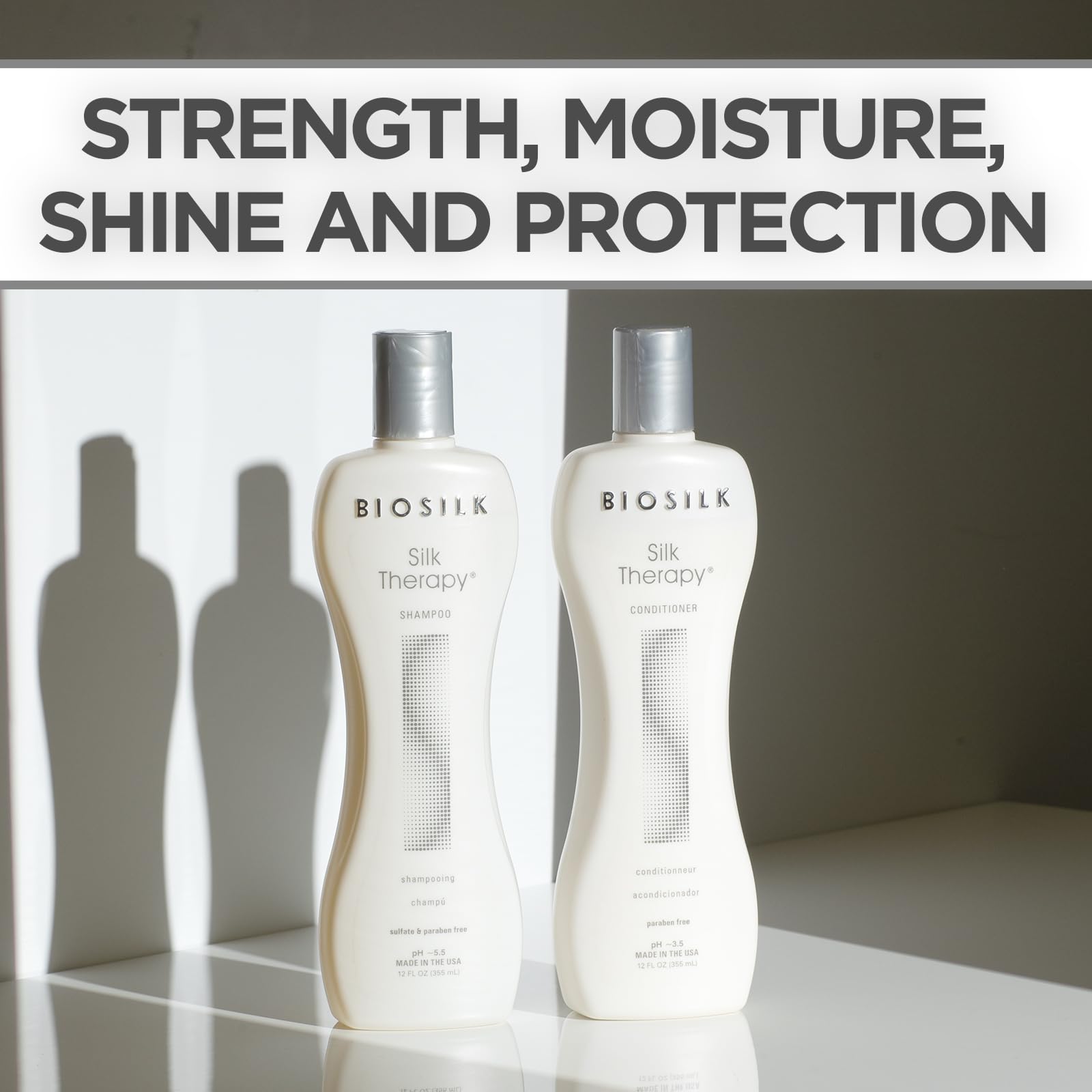 Close up view of the BioSilk Silk Therapy Shampoo bottle highlighting the sulfate free and paraben free formula labels.
