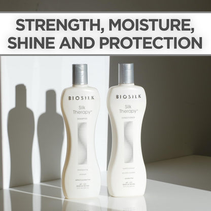 Close up view of the BioSilk Silk Therapy Shampoo bottle highlighting the sulfate free and paraben free formula labels.