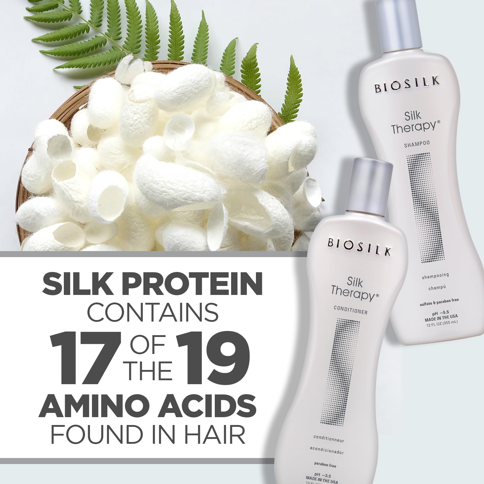 Angle shot of the twin pack BioSilk haircare bottles displaying the authentic branding and fluid ounce product sizing clearly.
