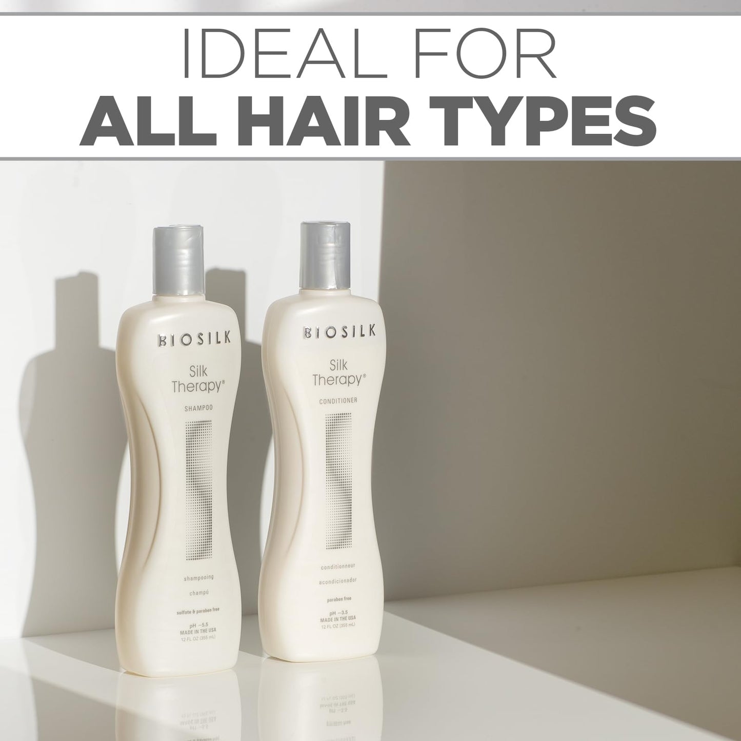 Textured layout of the BioSilk Silk Therapy duo collection highlighting the sleek ergonomic packaging designed for daily bathroom use.