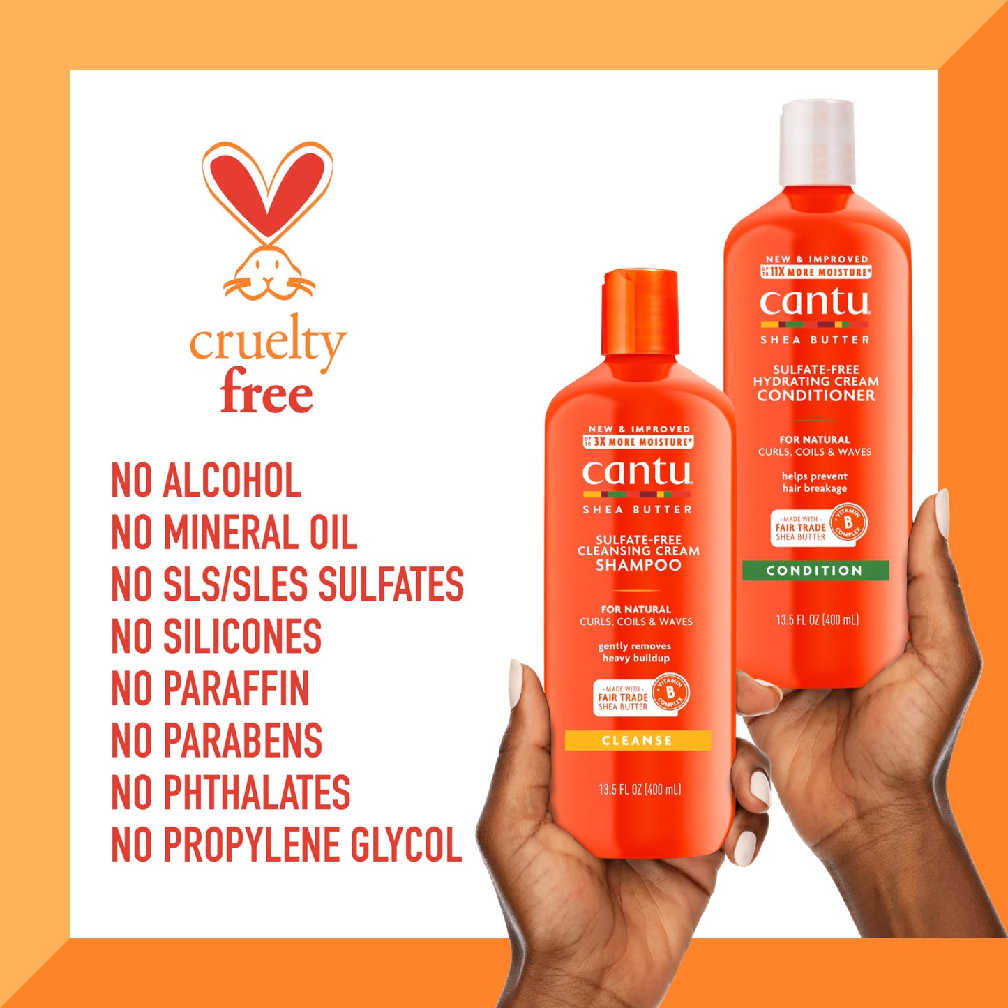 Authentic Cantu shampoo and conditioner bottles side by side view