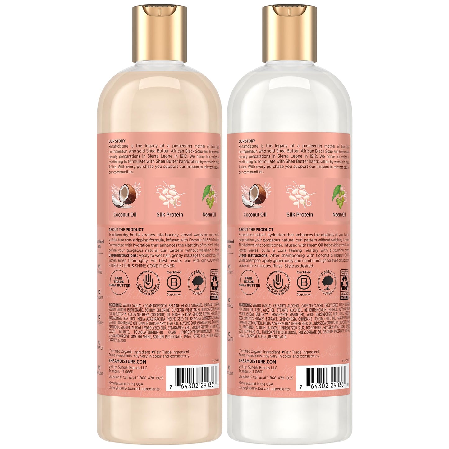 Close up of the front label on the SheaMoisture sulfate free curl shampoo bottle detailing the silk protein and neem oil formulation
