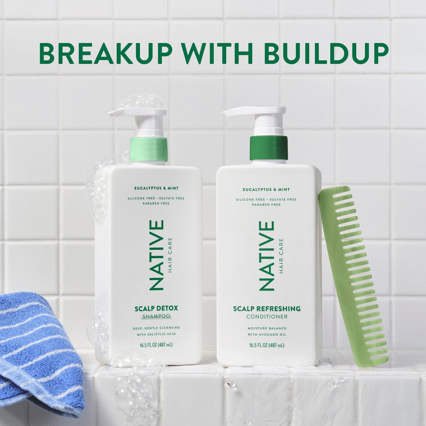 Native clarifying shampoo bottle showing eucalyptus and mint ingredients for oily scalp care