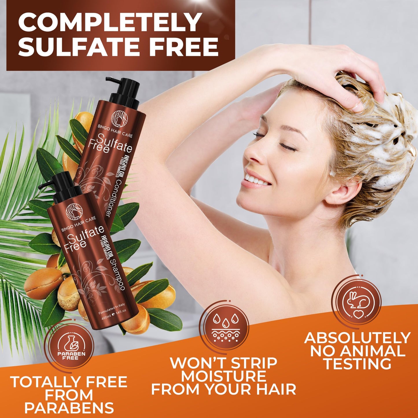 Bingo professional hair care set featuring argan oil and vitamin e text