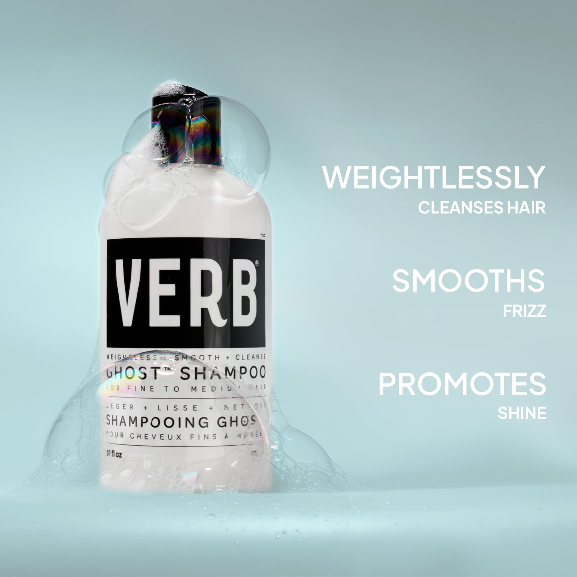 Verb Ghost weightless shampoo bottle close up showing moringa oil hair cleansing benefits