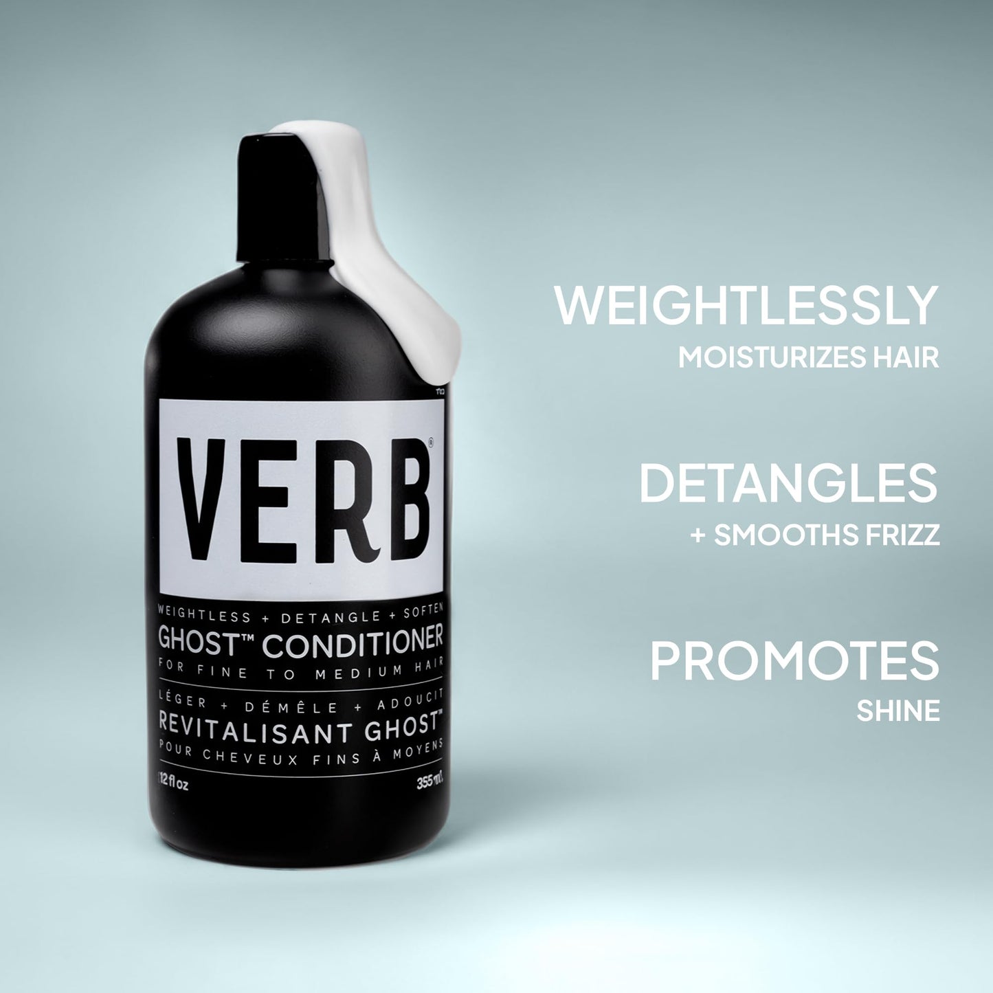 Verb Ghost nourishing conditioner bottle displaying ingredients for detangling fine hair textures