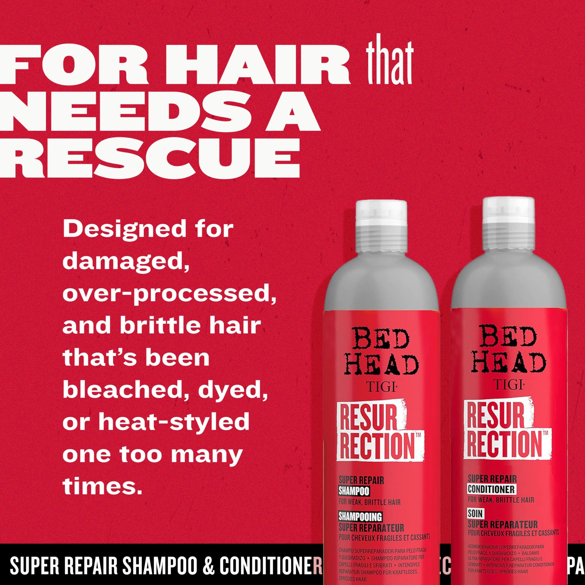 Back label of TIGI Bed Head Resurrection shampoo and conditioner duo showing active repair ingredients