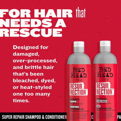 Back label of TIGI Bed Head Resurrection shampoo and conditioner duo showing active repair ingredients