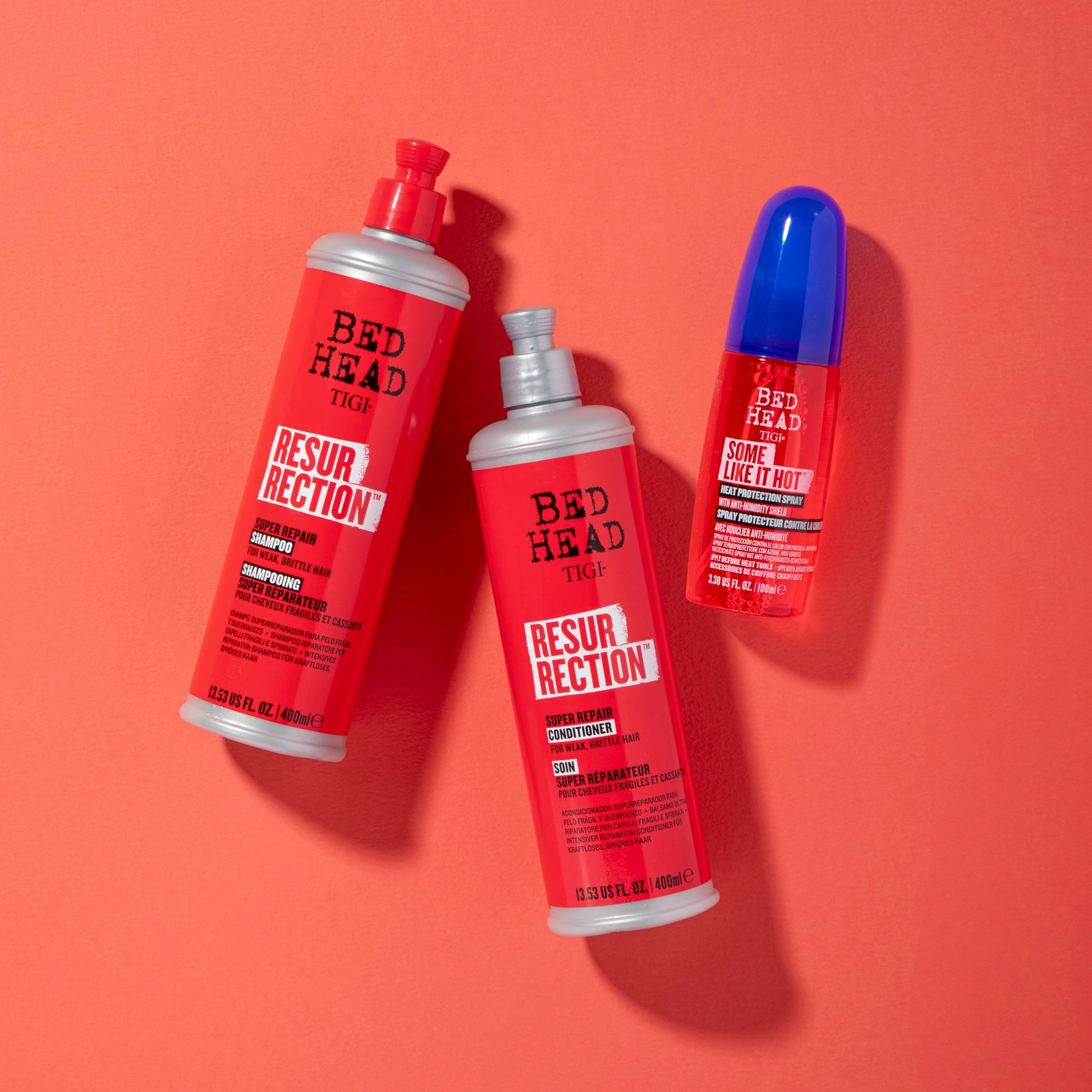 TIGI Bed Head Resurrection duo pack highlighting salon quality level three damage control shampoo and conditioner