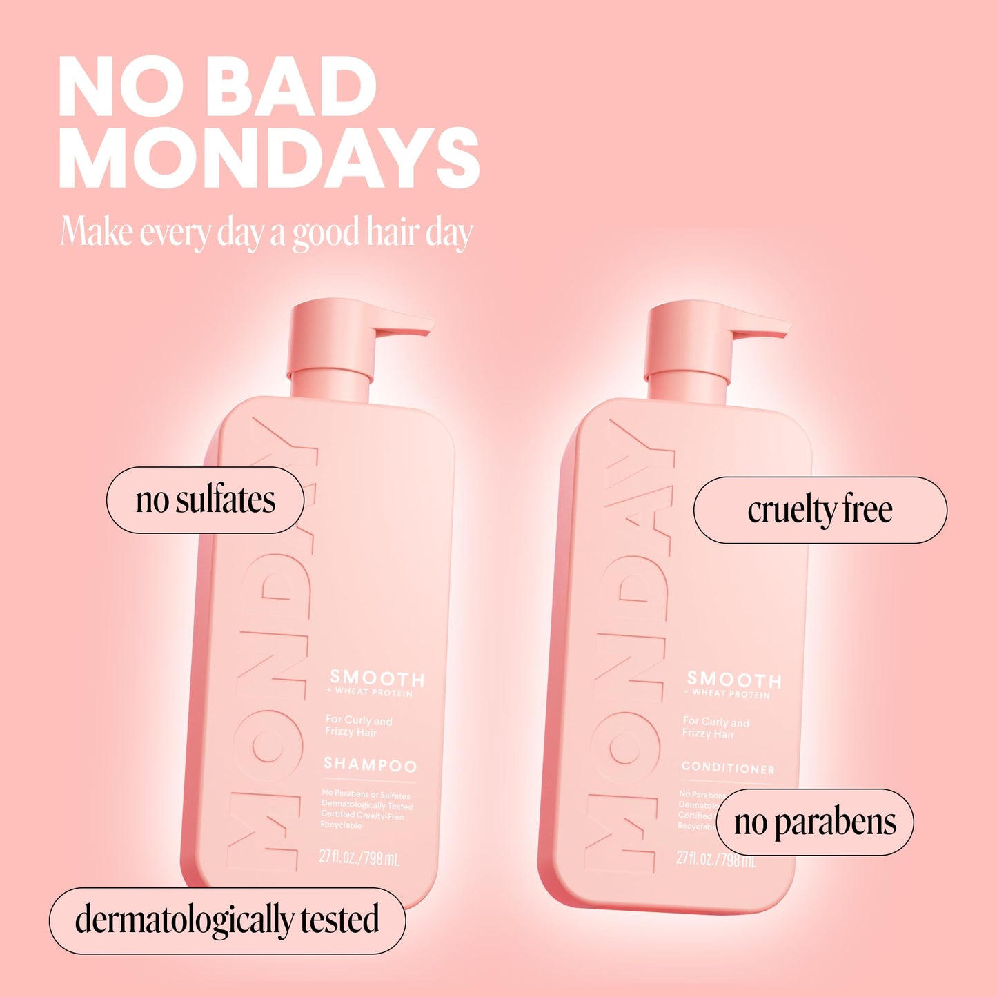 Back label of MONDAY HAIRCARE Smooth set displaying usage instructions and features