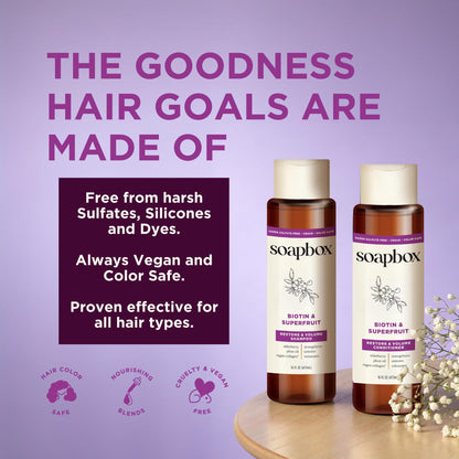 Back label view of Soapbox hair care set showcasing the full ingredient list