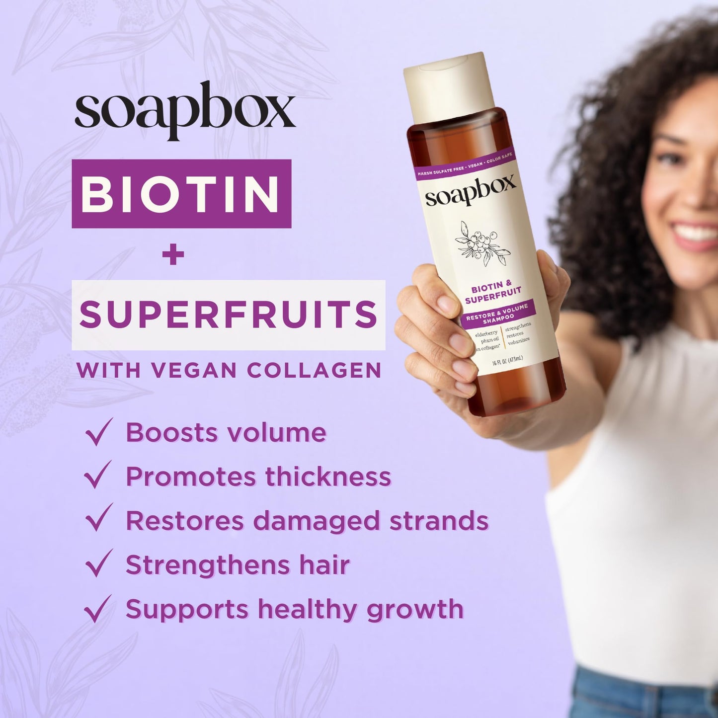 Soapbox Biotin and Superfruit bottles displaying cruelty free and vegan badges
