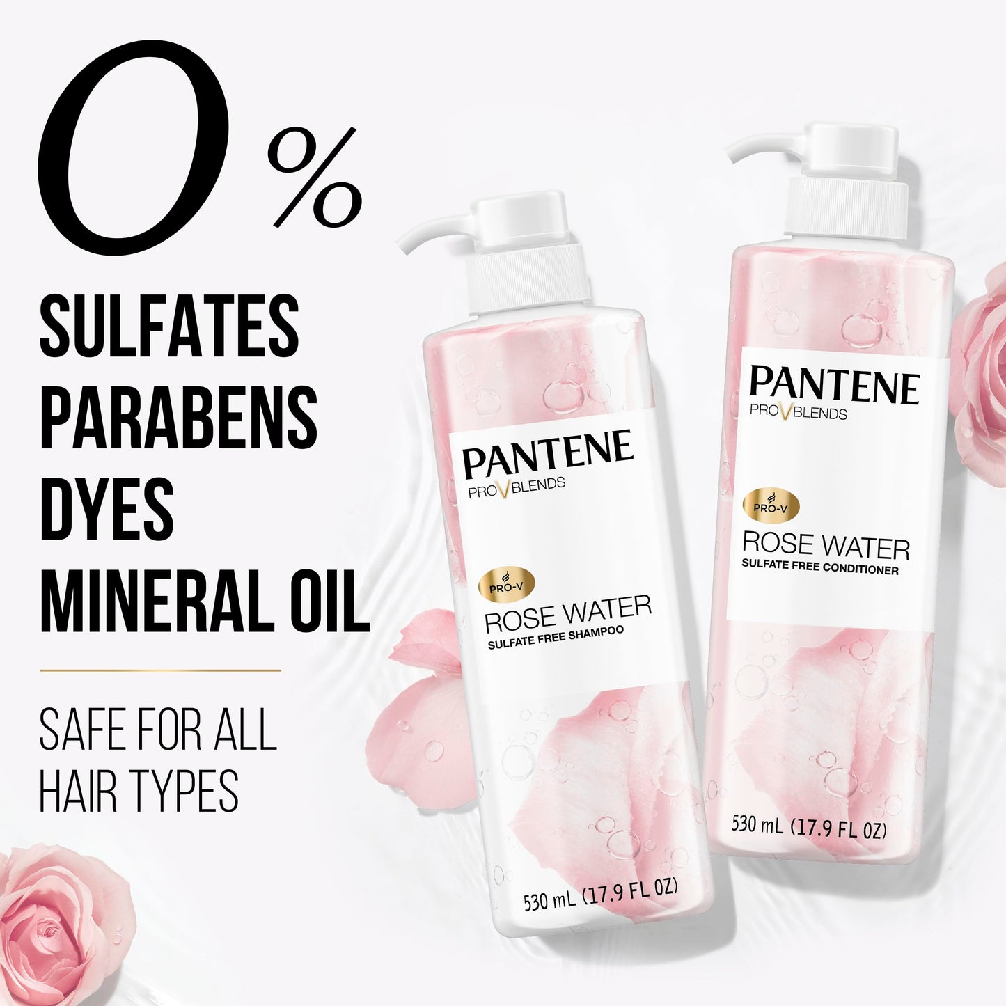 Back label of Pantene Miracle Moisture Boost Rose Water set showing zero percent sulfates and parabens