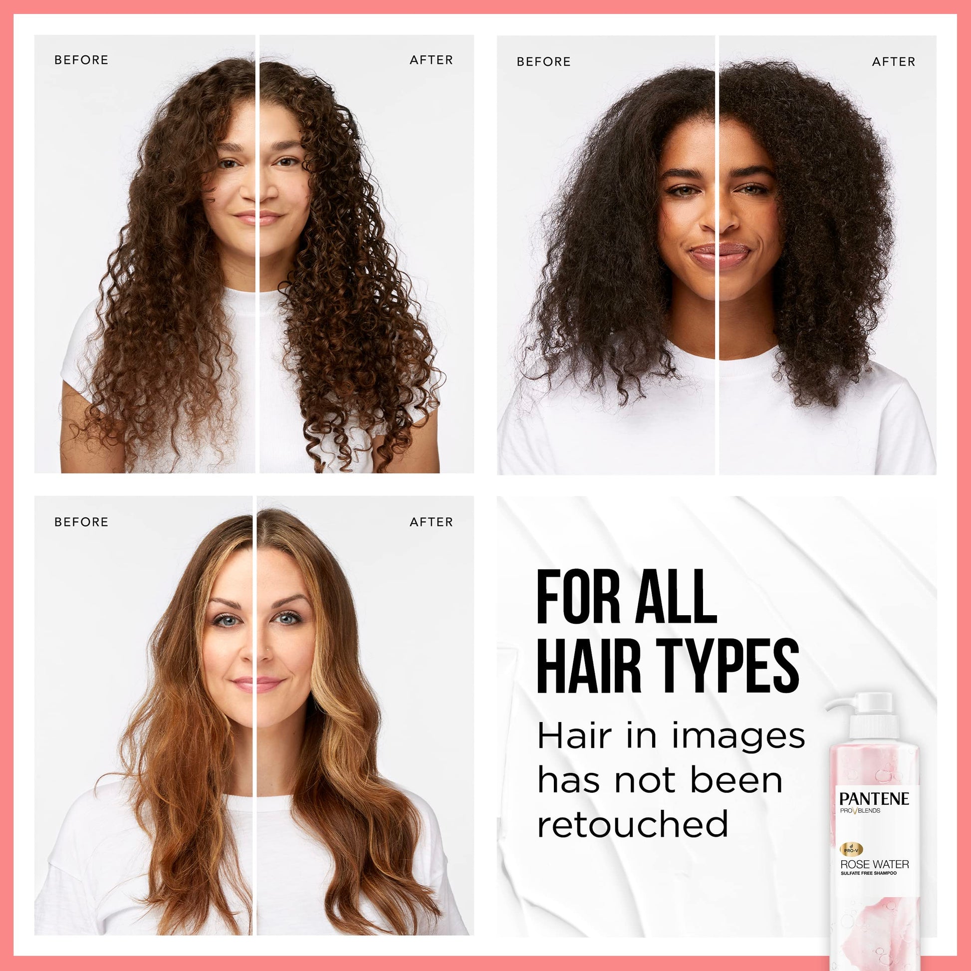Close up of Pantene Pro-V Rose Water shampoo and conditioner bottle pumps