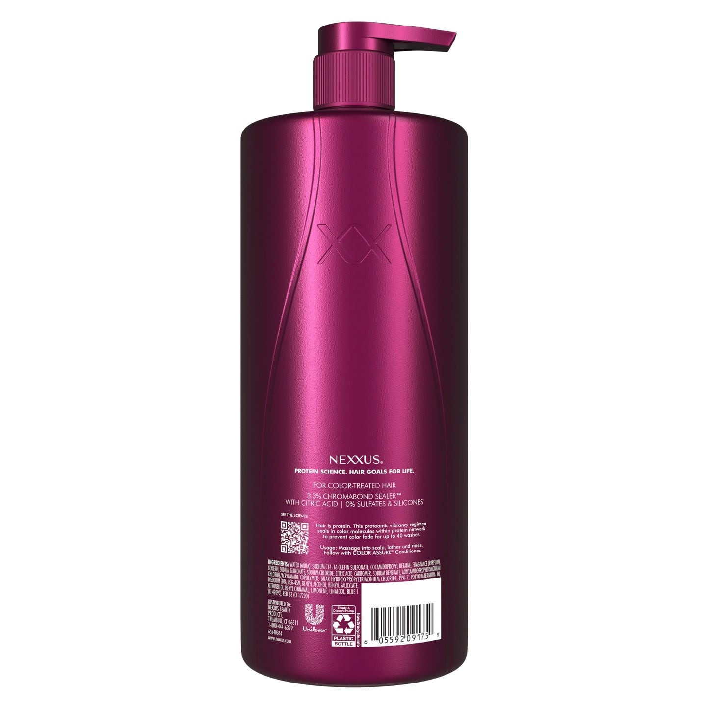 Nexxus Color Assure color protecting shampoo back label showing detailed ingredient list and usage instructions