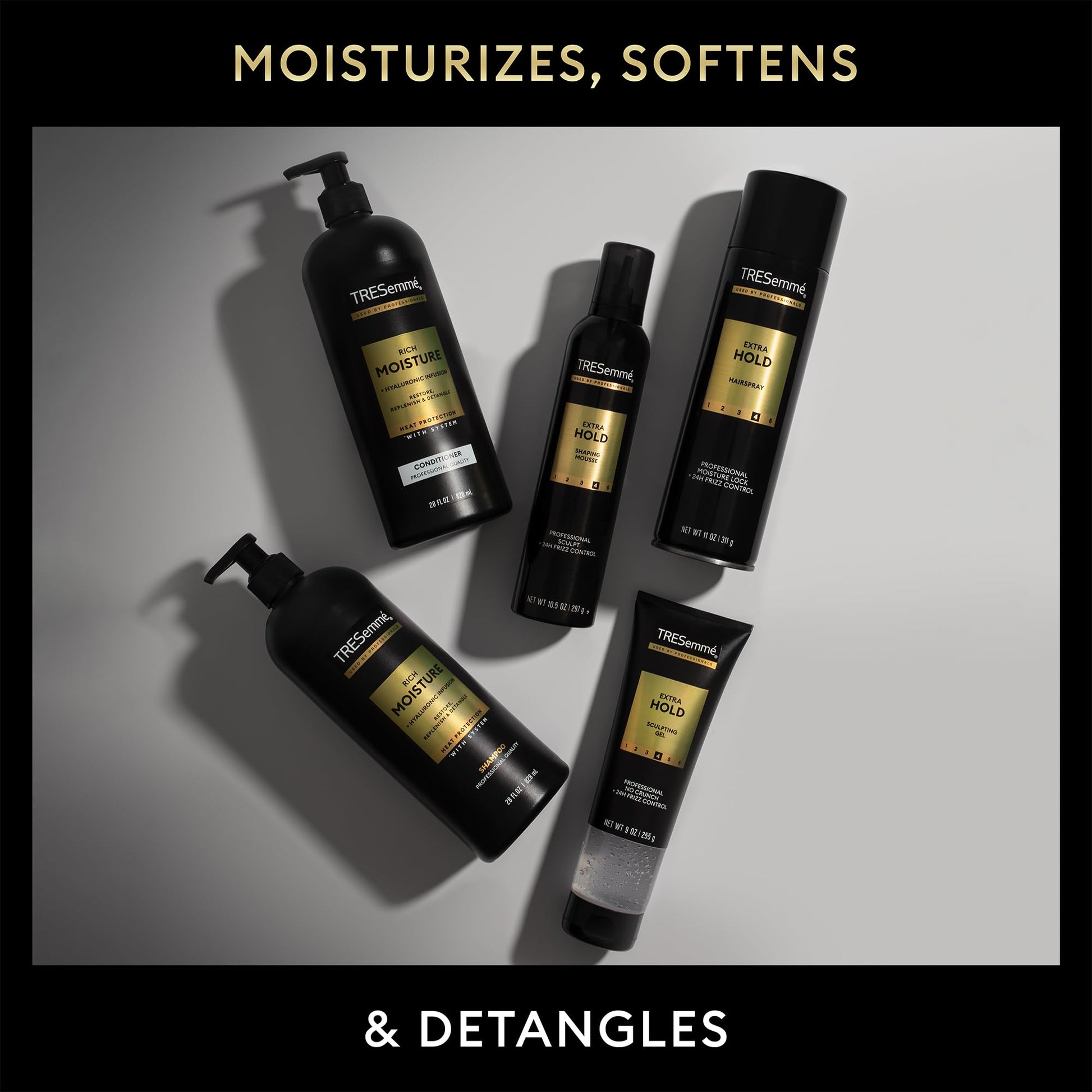 Professional quality hair products in travel size packaging