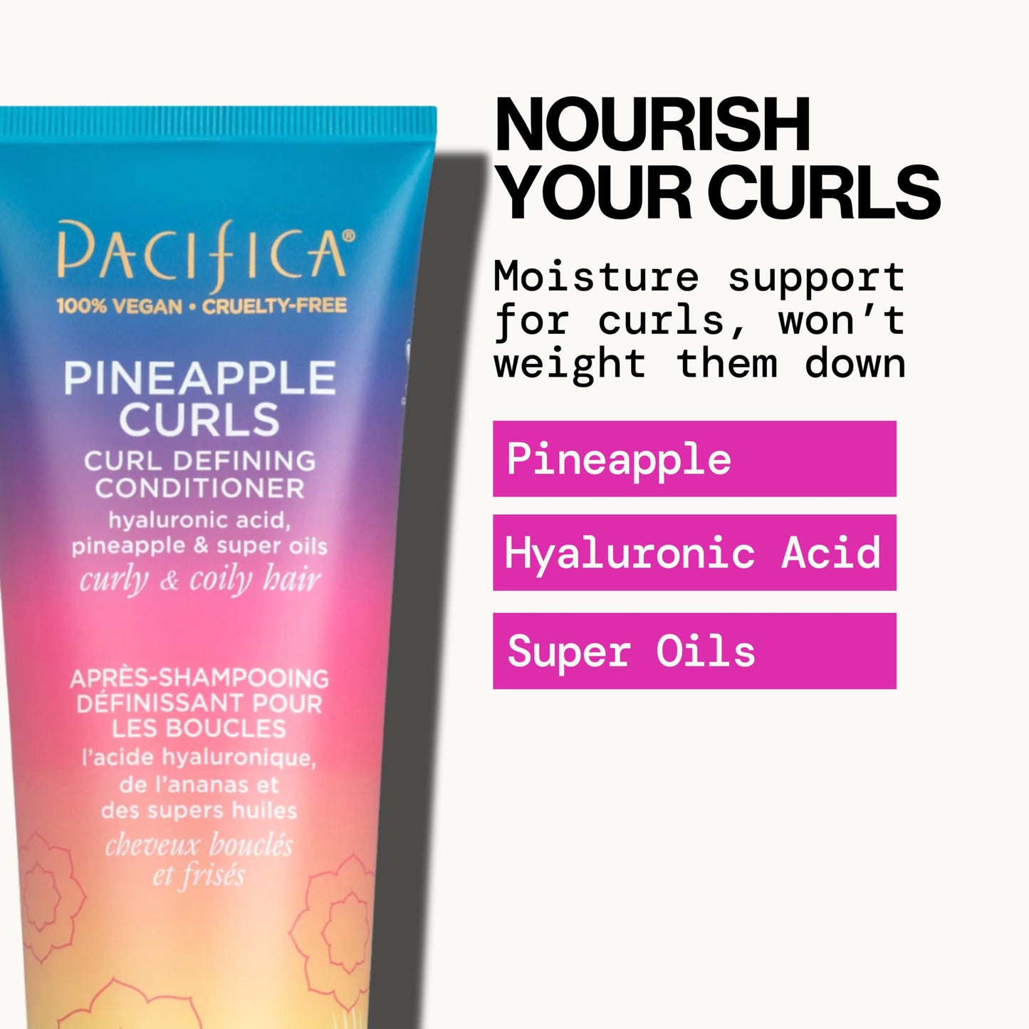 Dermatologist tested Pacifica pineapple curls shampoo bottle for frizz reduction