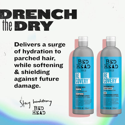 TIGI Bed Head Recovery Moisture Rush Conditioner bottle highlighting damage repair and frizz control features