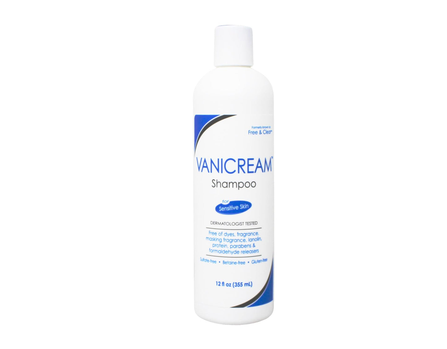 Vanicream Free and Clear formula dermatologist tested shampoo twelve ounce bottle close up