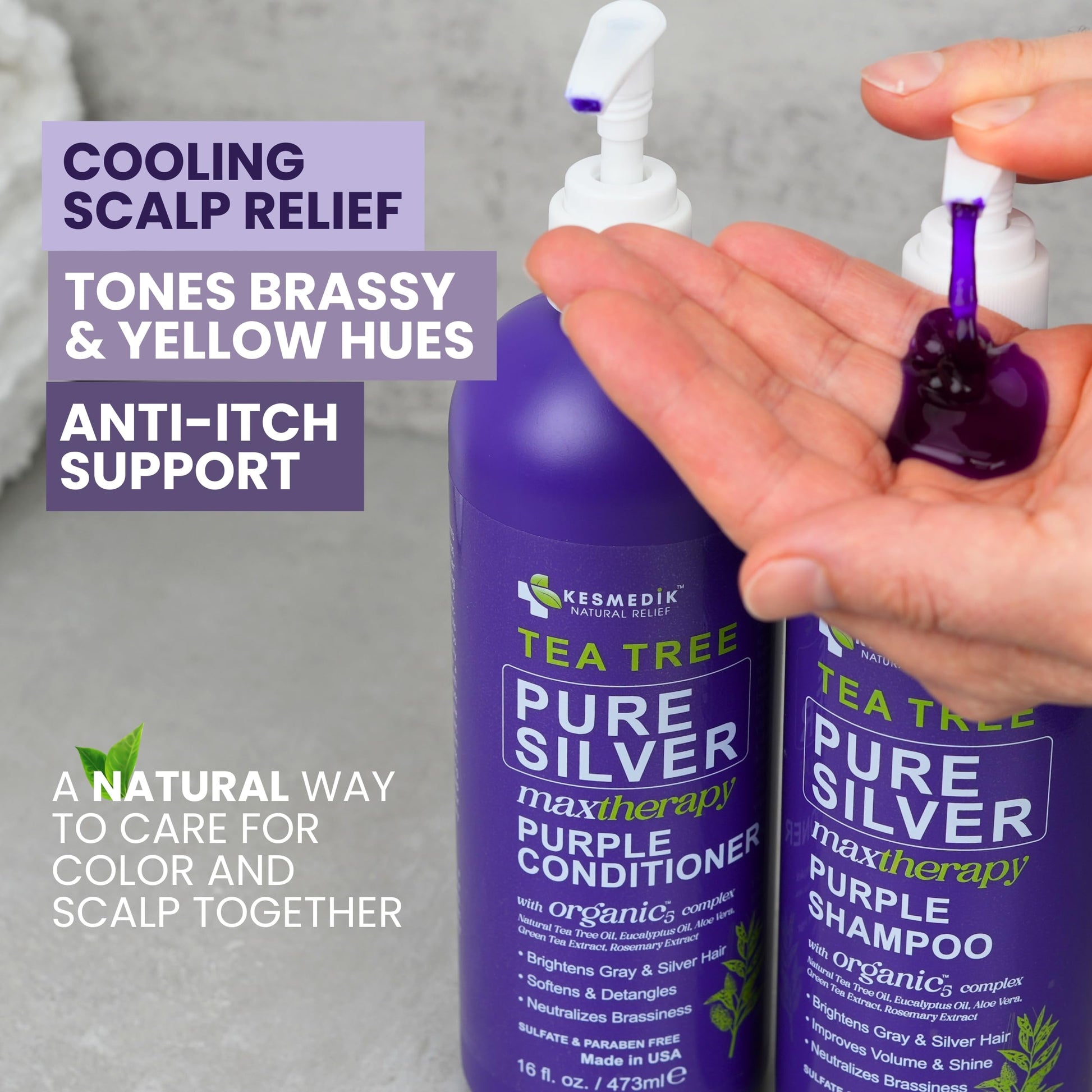Sulfate free anti brass toner shampoo bottle showing tea tree and aloe ingredients