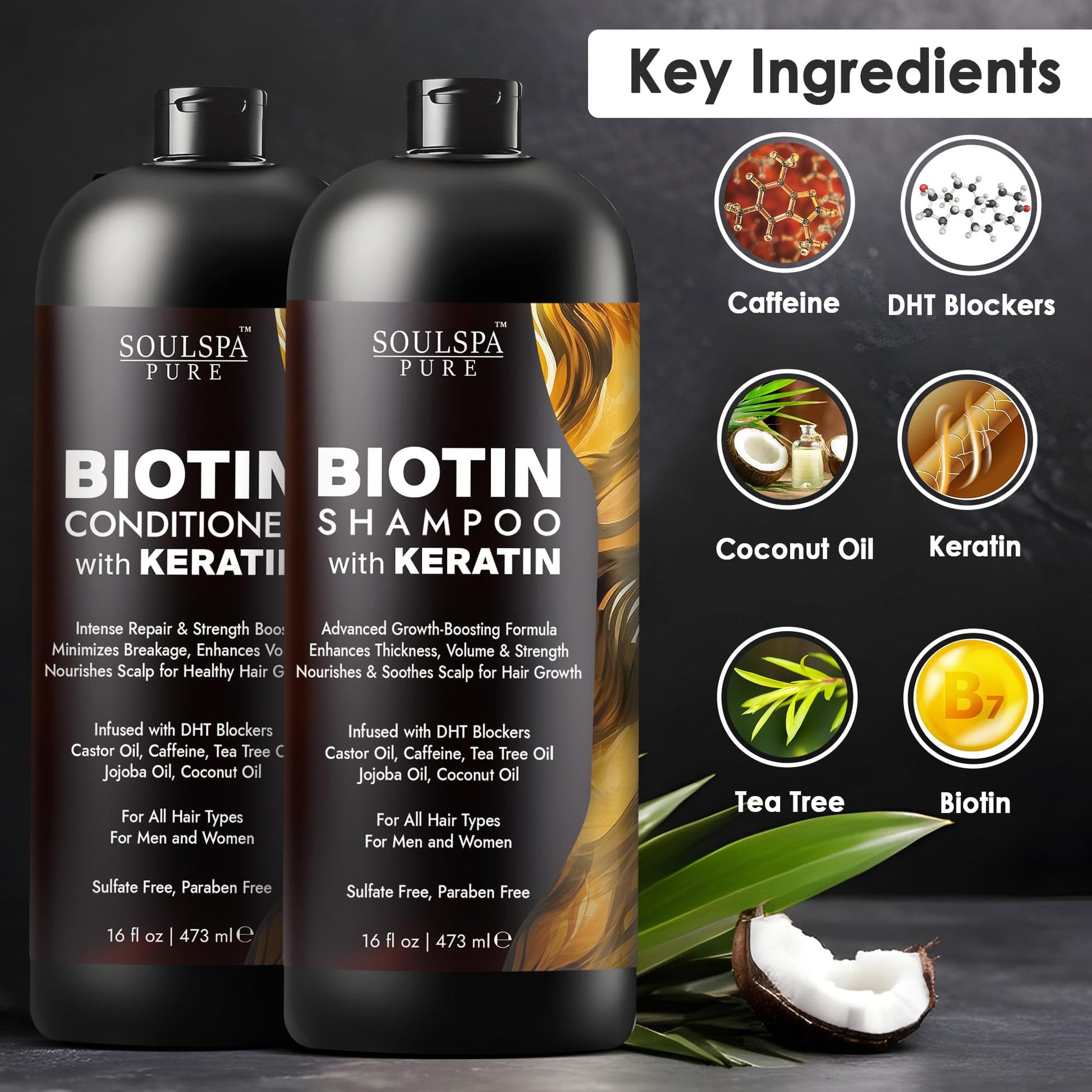 SoulSpa Pure anti thinning hair growth shampoo bottle displaying key ingredients including biotin and keratin.